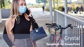  Presentation with face mask - Theme with young-woman-with-face-mask background and a ocean colored foreground