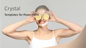  Presentation with facial - Presentation theme featuring young woman with facial mask and slices of ripe lemon on grey background background and a light gray colored foreground
