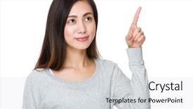  Presentation with hand touching finger digital - Beautiful slide deck featuring young woman with finger touch backdrop and a sky blue colored foreground