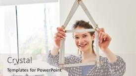  Presentation with home renovation - PPT theme consisting of young-woman-with-folding-rule background and a soft green colored foreground