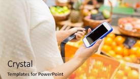  Presentation with market food - Amazing slide deck having young woman with food backdrop and a coral colored foreground