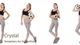  Presentation with tennis ball in the corner - Cool new PPT theme with young woman with football rugby backdrop and a cream colored foreground