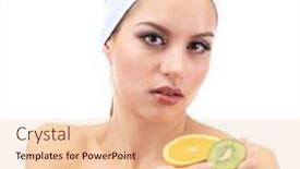  Presentation with masks - Presentation design with young woman with fruit concept facial fruit masks isolated on white background and a lemonade colored foreground