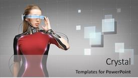  Presentation with futuristic glasses - Slide set with young woman with futuristic glasses background and a light gray colored foreground