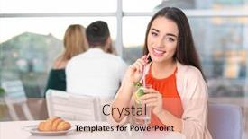  Presentation with lemonade - Colorful presentation theme enhanced with young woman with glass of lemonade in cafe backdrop and a coral colored foreground