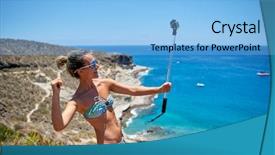  Presentation with mediterranean - Theme having young woman with gopro camera background and a light blue colored foreground