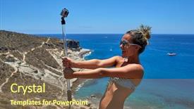  Presentation with mediterranean - Slide deck enhanced with young woman with gopro camera background and a violet colored foreground