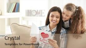  Presentation with greeting card - Presentation featuring young woman with greeting card background and a coral colored foreground