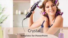  Presentation with real woman hair texture human - Colorful theme enhanced with young woman with hair curlers backdrop and a  colored foreground