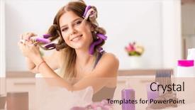  Presentation with real woman hair texture human - Presentation enhanced with young woman with hair curlers background and a  colored foreground