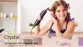  Presentation with hair - Amazing presentation theme having young woman with hair curlers backdrop and a  colored foreground