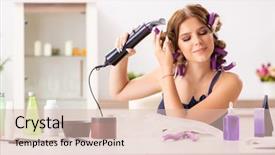  Presentation with real woman hair texture human - Presentation consisting of young woman with hair curlers background and a  colored foreground