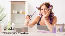  Presentation with real woman hair texture human - Theme with young woman with hair curlers background and a  colored foreground