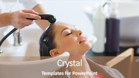  Presentation with hair salon - Amazing presentation design having happy young woman with hair backdrop and a coral colored foreground