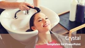  Presentation with hair salon - PPT theme consisting of happy young woman with hair background and a coral colored foreground