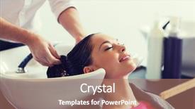  Presentation with hair salon - Theme with beauty and people concept - happy young woman with hairdresser washing head at hair salon background and a coral colored foreground