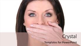  Presentation with mouth - Amazing theme having freedom speech - young woman with hand backdrop and a coral colored foreground