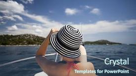  Presentation with woman colored parachute - PPT theme with young woman with hat sitting background and a ocean colored foreground