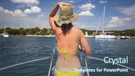  Presentation with sail - Colorful presentation design enhanced with young woman with hat sitting on the front of a sail boat admiring the view backdrop and a ocean colored foreground