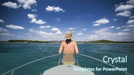  Presentation with sail - PPT theme enhanced with young woman with hat sitting on the front of a sail boat admiring the view background and a ocean colored foreground
