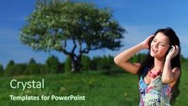  Presentation with music audio enthusiasts - Slides having young woman with headphones listening to music on field background and a tawny brown colored foreground