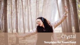  Presentation with headphones - Beautiful PPT theme featuring young woman with headphones in the forest backdrop and a coral colored foreground