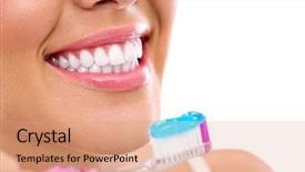  Presentation with tooth brush - Audience pleasing slides consisting of young woman with healthy teeth backdrop and a coral colored foreground