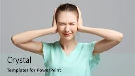  Presentation with web hearing - Audience pleasing PPT theme consisting of young woman with hearing problem backdrop and a mint green colored foreground