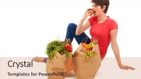  Presentation with healthy eating - Presentation with young woman with heavy bag background and a  colored foreground