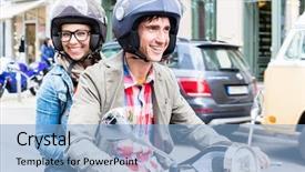  Presentation with motorcycle - Amazing theme having young woman with helmet sitting backdrop and a light blue colored foreground