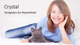  Presentation with young grey maine coon cat - Cool new slides with young woman with her cat backdrop and a  colored foreground