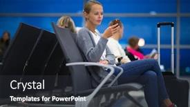  Presentation with airport security - PPT theme with young woman with her luggage at an international airport before going through the check-in and the security check before her flight background and a dark gray colored foreground
