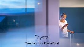  Presentation with airport security - Colorful slide set enhanced with young woman with her luggage at an international airport before going through the check-in and the security check before her flight backdrop and a light blue colored foreground