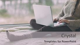  Presentation with home office - Amazing slides having young-woman-with-laptop-sitting backdrop and a light gray colored foreground
