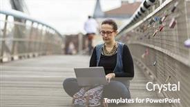  Presentation with pedestrian bridge - Cool new PPT layouts with young woman with laptop sitting on a pedestrian bridge in an old european city backdrop and a gray colored foreground
