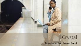  Presentation with metro train - PPT theme consisting of young-woman-with-laptop background and a coral colored foreground