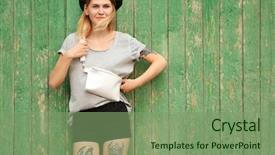  Presentation with leather - PPT theme with young woman with leather clutch background and a seafoam green colored foreground