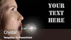  Presentation with black light - Colorful presentation theme enhanced with young woman with light bulb backdrop and a tawny brown colored foreground