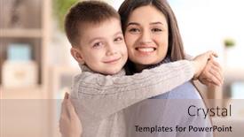  Presentation with child adoption - Amazing PPT theme having young woman with little boy indoors child adoption backdrop and a coral colored foreground