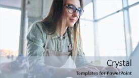  Presentation with search button searching information online - Presentation theme consisting of young woman with long hair background and a  colored foreground