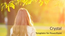  Presentation with hair color - Presentation theme enhanced with young woman with long hair turned back outdoors in sun light warm color tones beauty sunshine woman backlit sunny summer day autumn summertime glow sun background and a yellow colored foreground