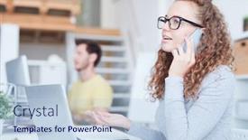  Presentation with front desk - Slides featuring young woman with long wavy hair talking on smartphone while sitting by desk in front of laptop background and a light blue colored foreground