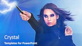  Presentation with magic wand - PPT theme featuring young woman with magic wand background and a teal colored foreground