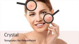  Presentation with acne woman - PPT layouts consisting of young woman with magnifying glasses background and a coral colored foreground