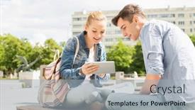 Presentation with college campus - Slide deck having young woman with male friend using digital tablet at college campus background and a light gray colored foreground
