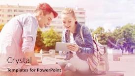  Presentation with college campus - PPT theme with young woman with male friend using digital tablet at college campus background and a coral colored foreground