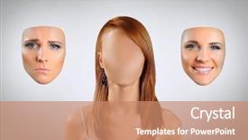  Presentation with woman sad - PPT layouts having young woman with many faces background and a coral colored foreground