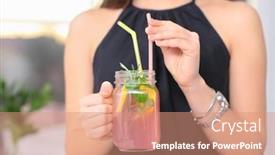  Presentation with mason jar - Colorful PPT theme enhanced with young woman with mason jar of pink lemonade indoors backdrop and a coral colored foreground