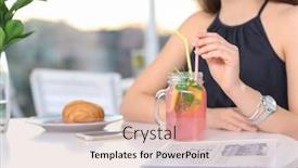  Presentation with mason jar - Beautiful presentation theme featuring young woman with mason jar of pink lemonade in cafe backdrop and a coral colored foreground