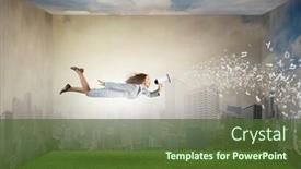  Presentation with announcing - PPT theme with young-woman-with-megaphone-flying background and a tawny brown colored foreground